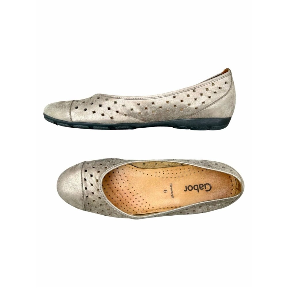 Gabor Metallic Taupe Perforated Ballet Flats Comfort Slip On Leather Women’s 6